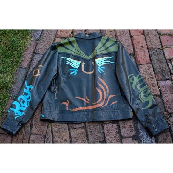 Vintage black leather biker jacket, hand painted, lucky sz M - Picture 11 of 14